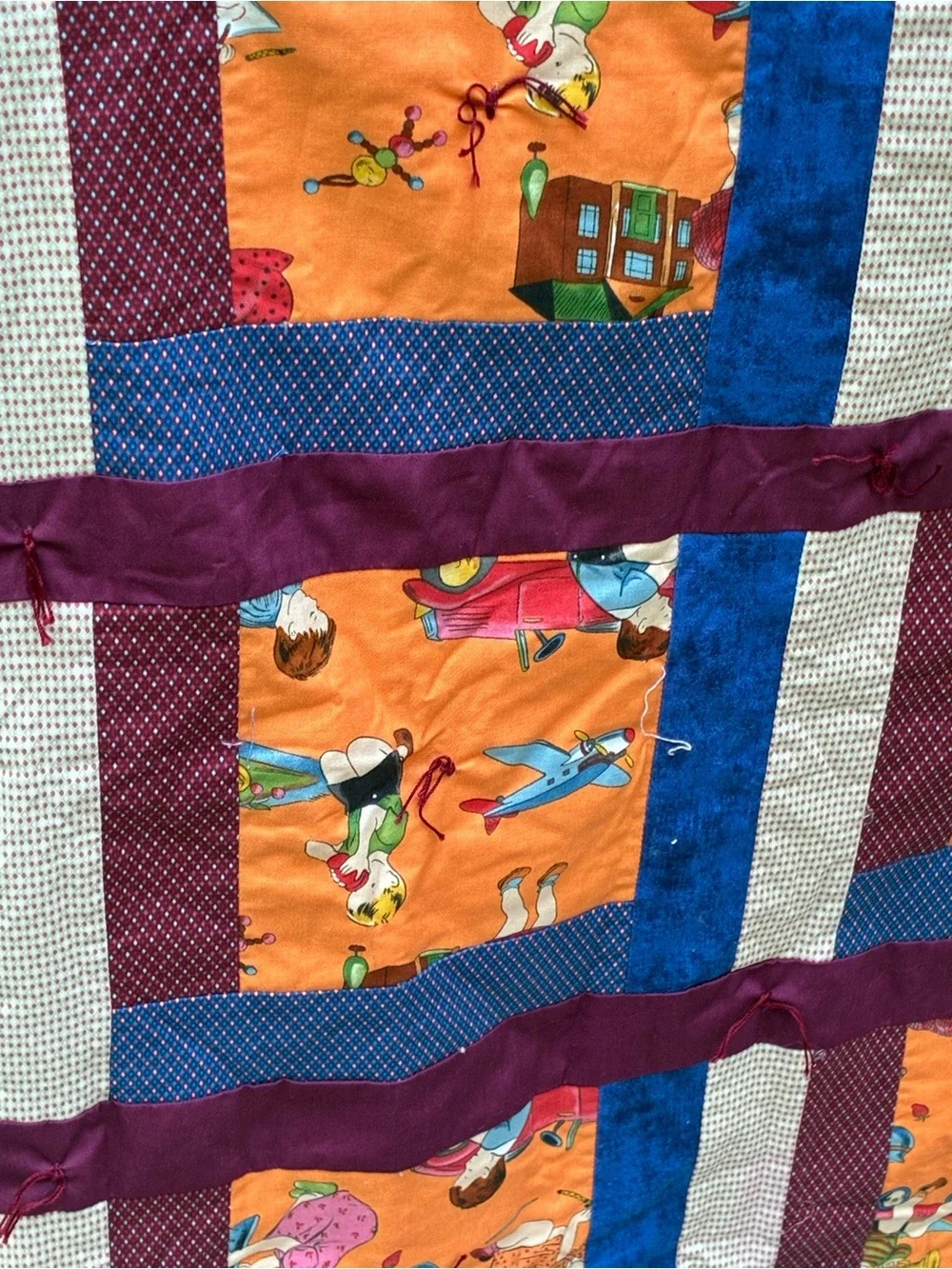 Vintage Handmade Patchwork Tied Quilt Kids Novelty Print 53x40